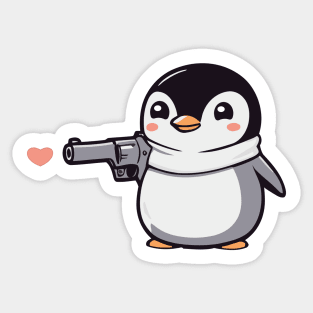 Funny Penguin with Pistol and Hearts Sticker